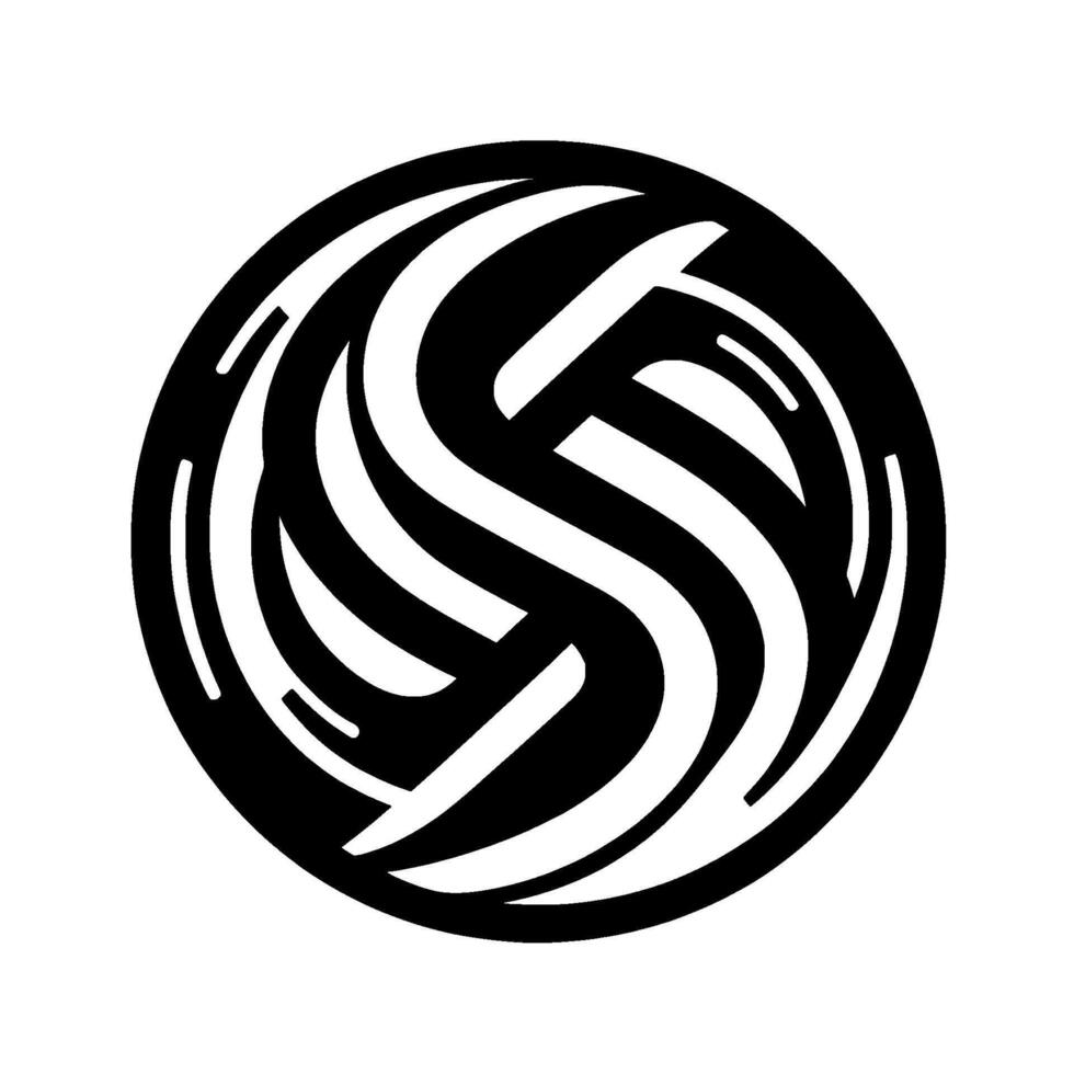 Black and White Volleyball Symbol Bold, Curved Lines, Circle Shape, Abstract , Sport , Modern Emblem. vector
