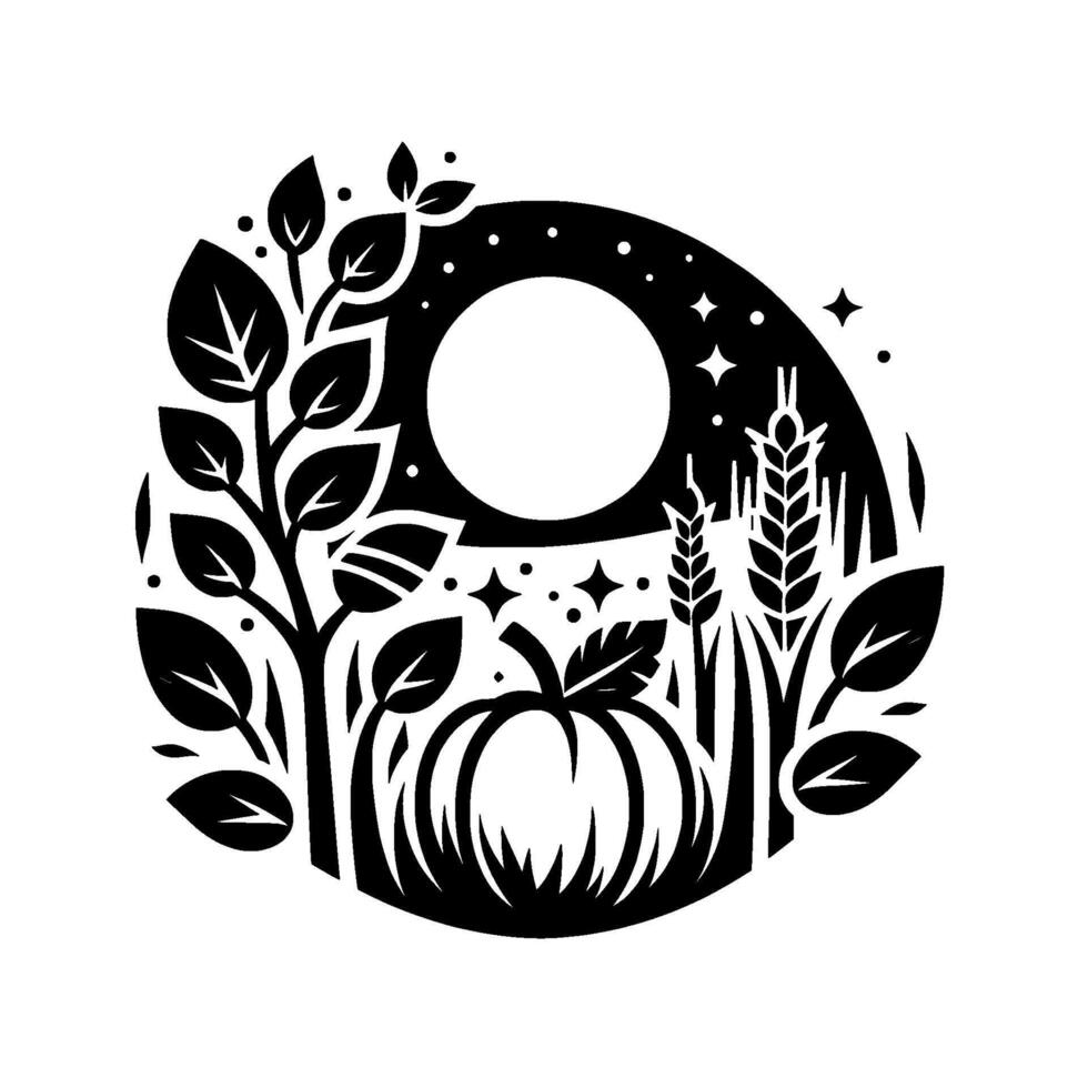 Night Harvest Black and white circular illustration of a pumpkin, wheat, leaves, stars, and a moon, evokes autumnal warmth. vector