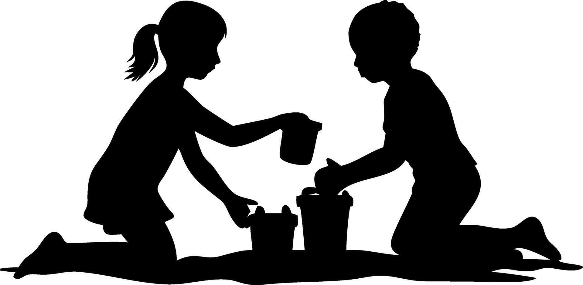 Children Playing Together Silhouette Sand Castle Building Fun Outdoor Activity Design vector