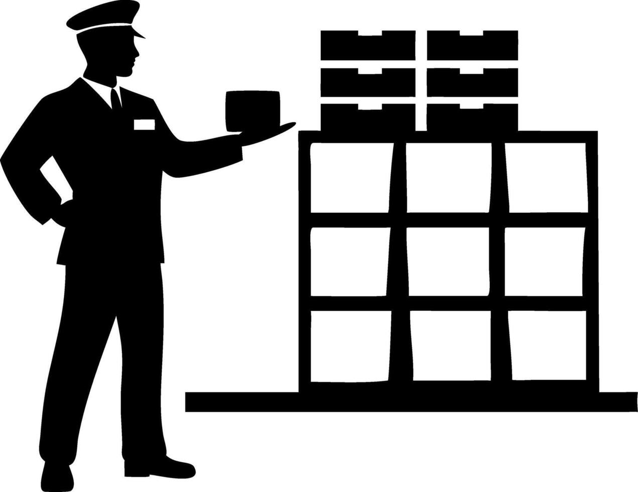 Warehouse Worker Silhouette with Boxes Stocked on Shelves Ideal for Logistics and Delivery Themes vector
