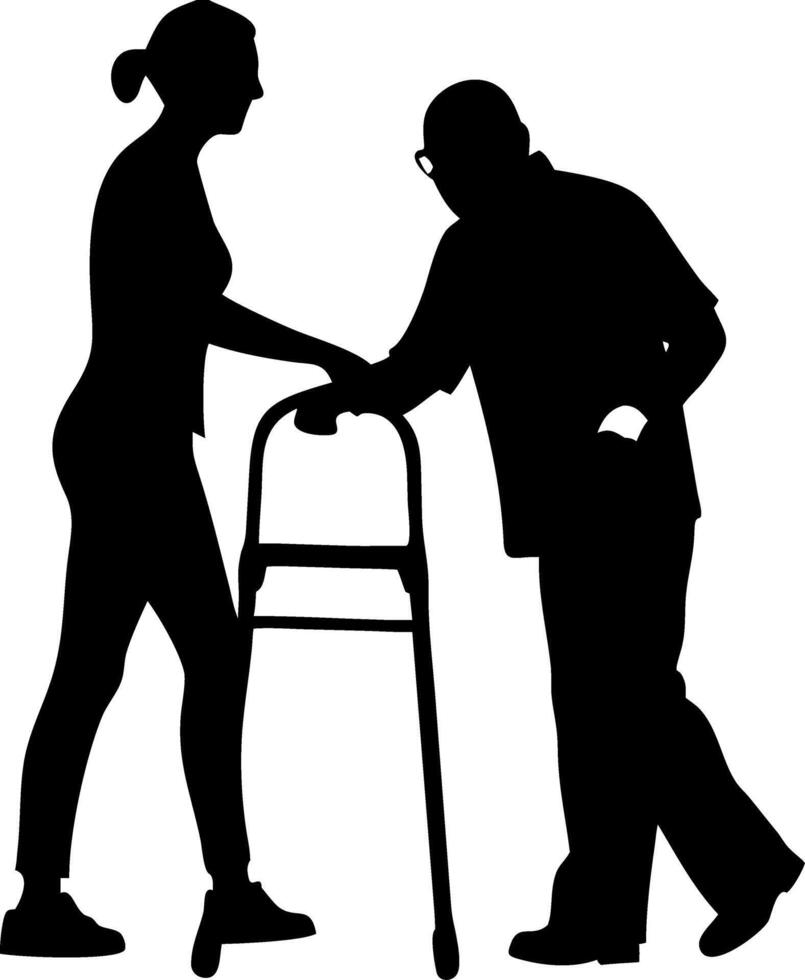 Supportive Caregiver Assisting Elderly Person with Walker Silhouette Illustration vector