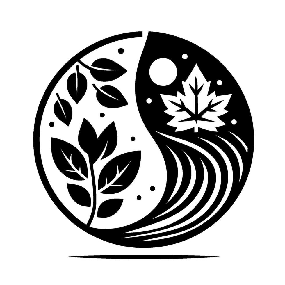YinYang styled black and white illustration of a circle split into two halves featuring plants, leaves, a maple leaf, and nature elements. vector