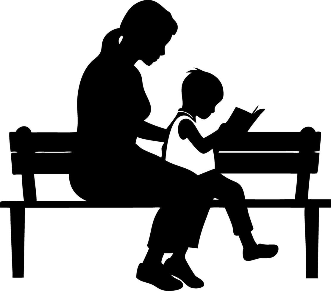 Mother Reading to Child on Park Bench Silhouette Illustration for Family Bonding Themes vector