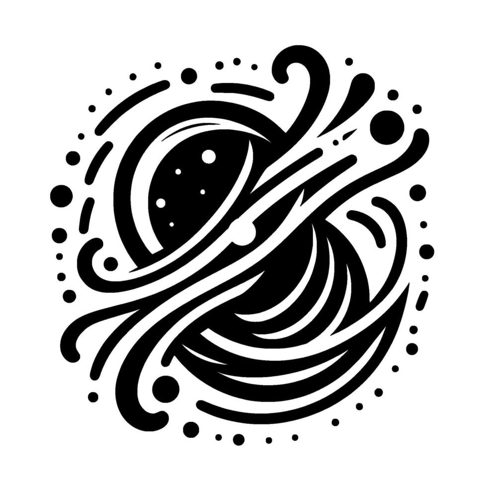 Abstract Black White Circular Composition Featuring Flowing Lines, Dots, and a Central Cosmic Element. vector