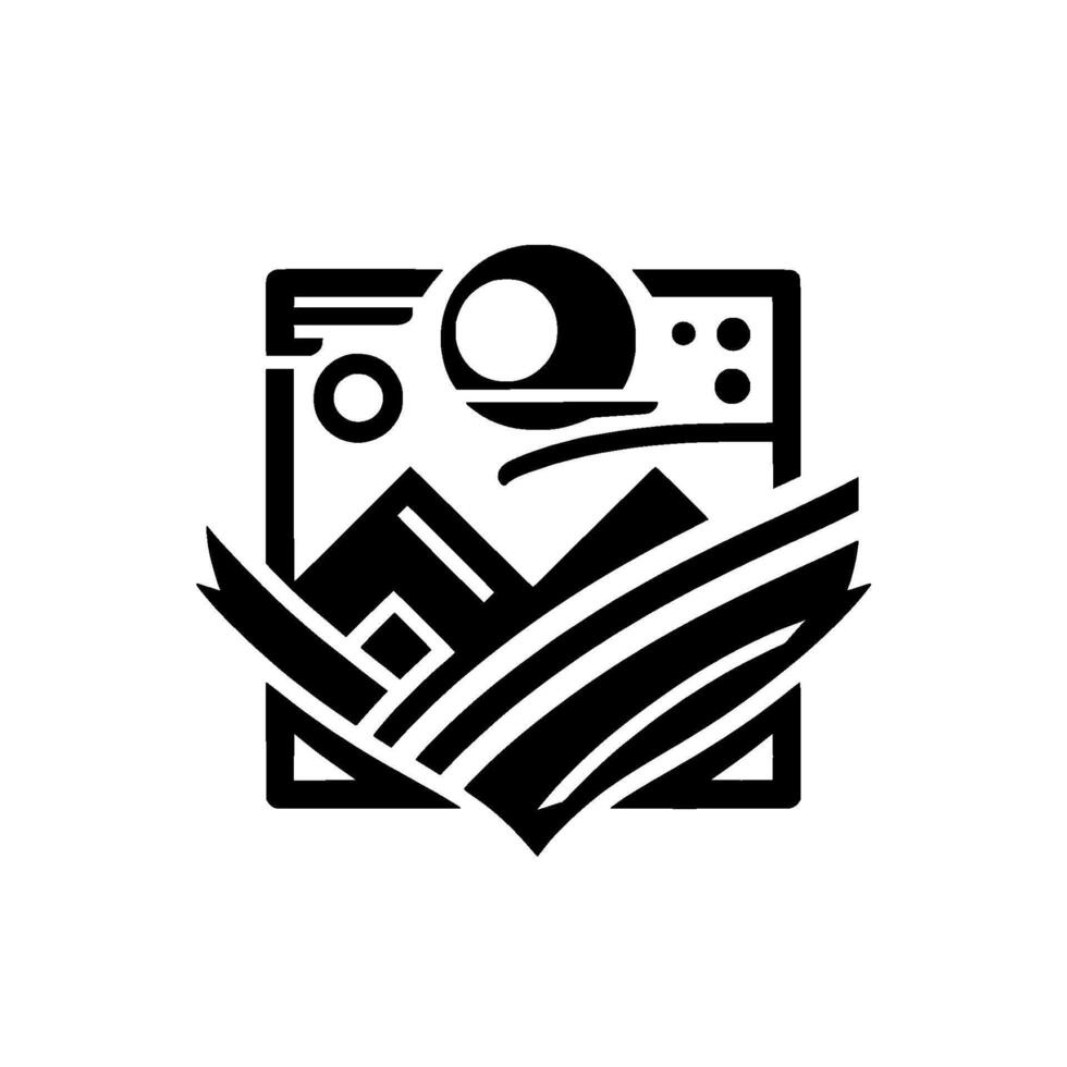 Geometric Black White Composition Abstract Mountain, Sun, and Flowing Lines Inside a Rectangular Frame, Modern and Minimalist . vector