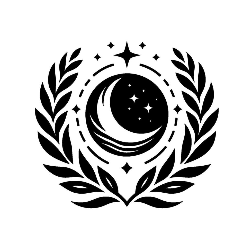 A celestial emblem featuring a crescent moon cradling stars within a laurel wreath, a monochrome illustration symbolizing night and cosmic beauty. vector
