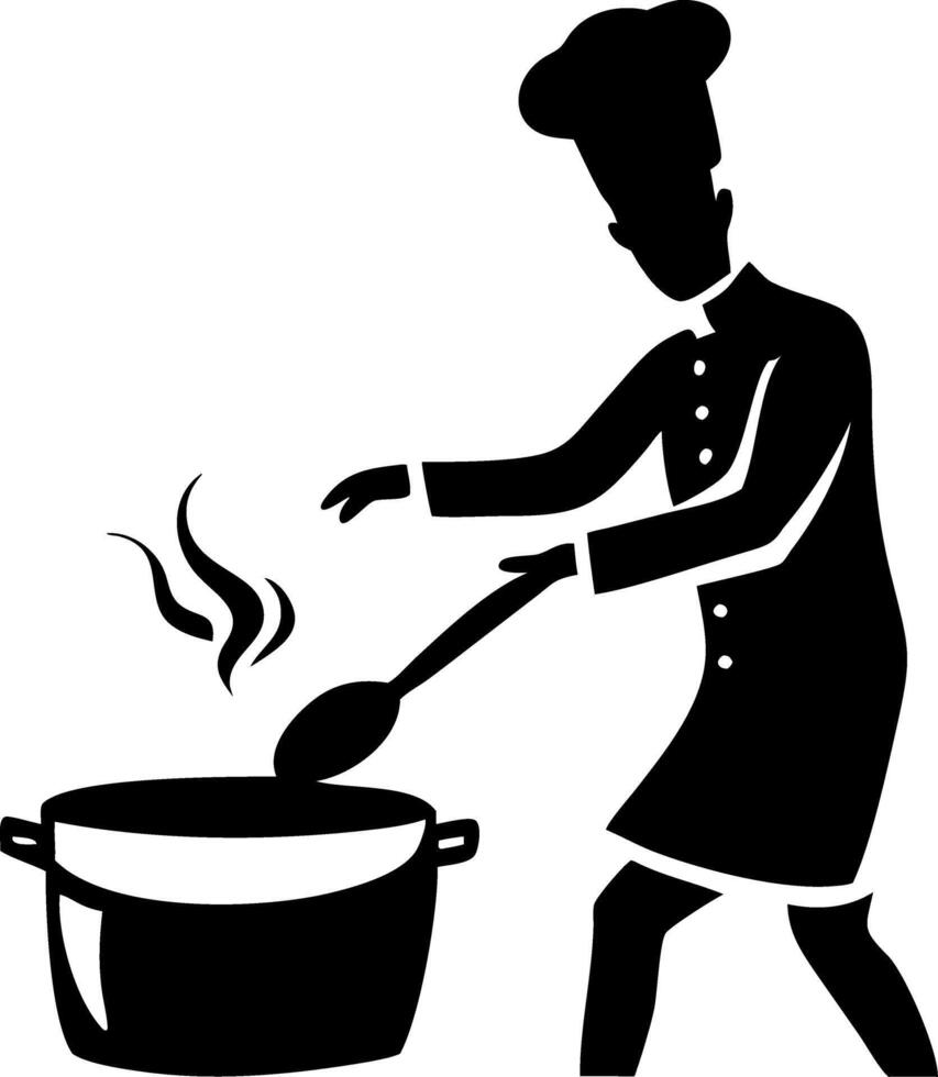 Chef Cooking in Kitchen Stirring Pot with Steam Rising Culinary Art Design vector