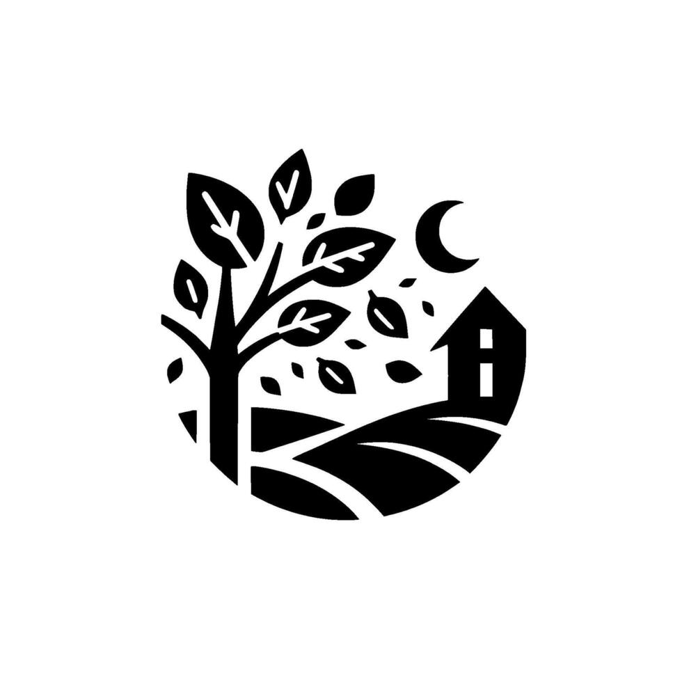 Minimalist black and white illustration inside of a circle, depicting a tree, a house, rolling hills, and a crescent moon in a night setting. vector
