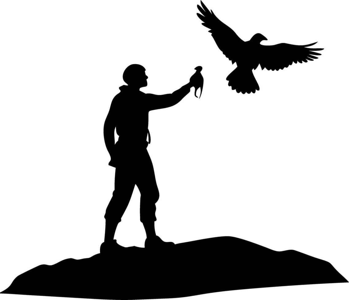 Falconry Enthusiast Holding Bird of Prey with Majestic Eagle in Flight Silhouette Artwork vector