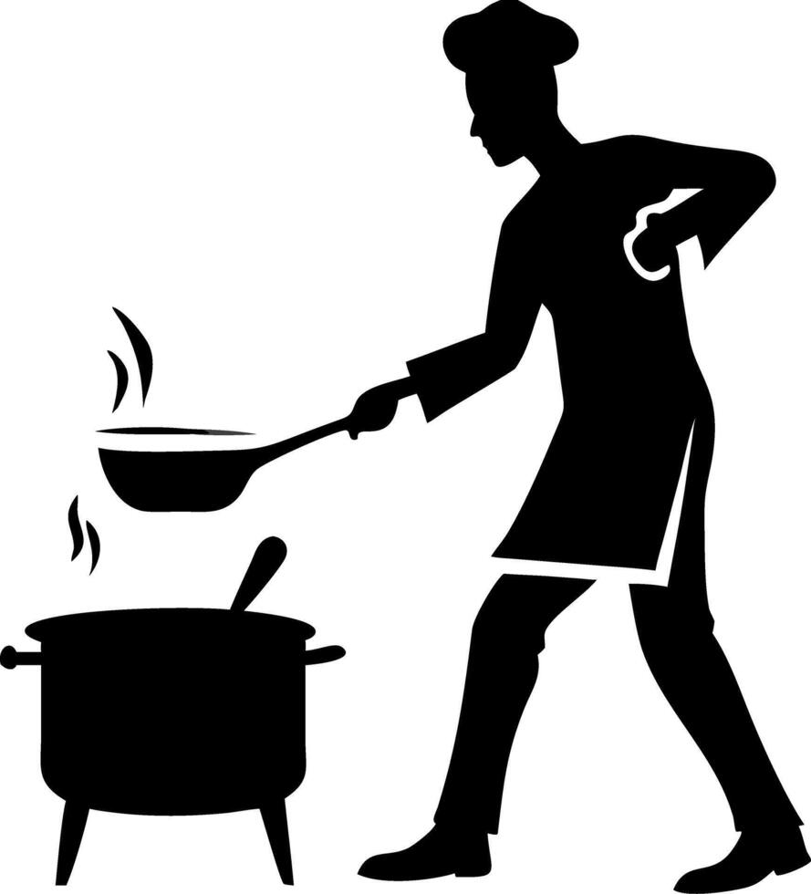 Chef Silhouette Cooking Healthy Meal in Pot Culinary Art Illustration vector