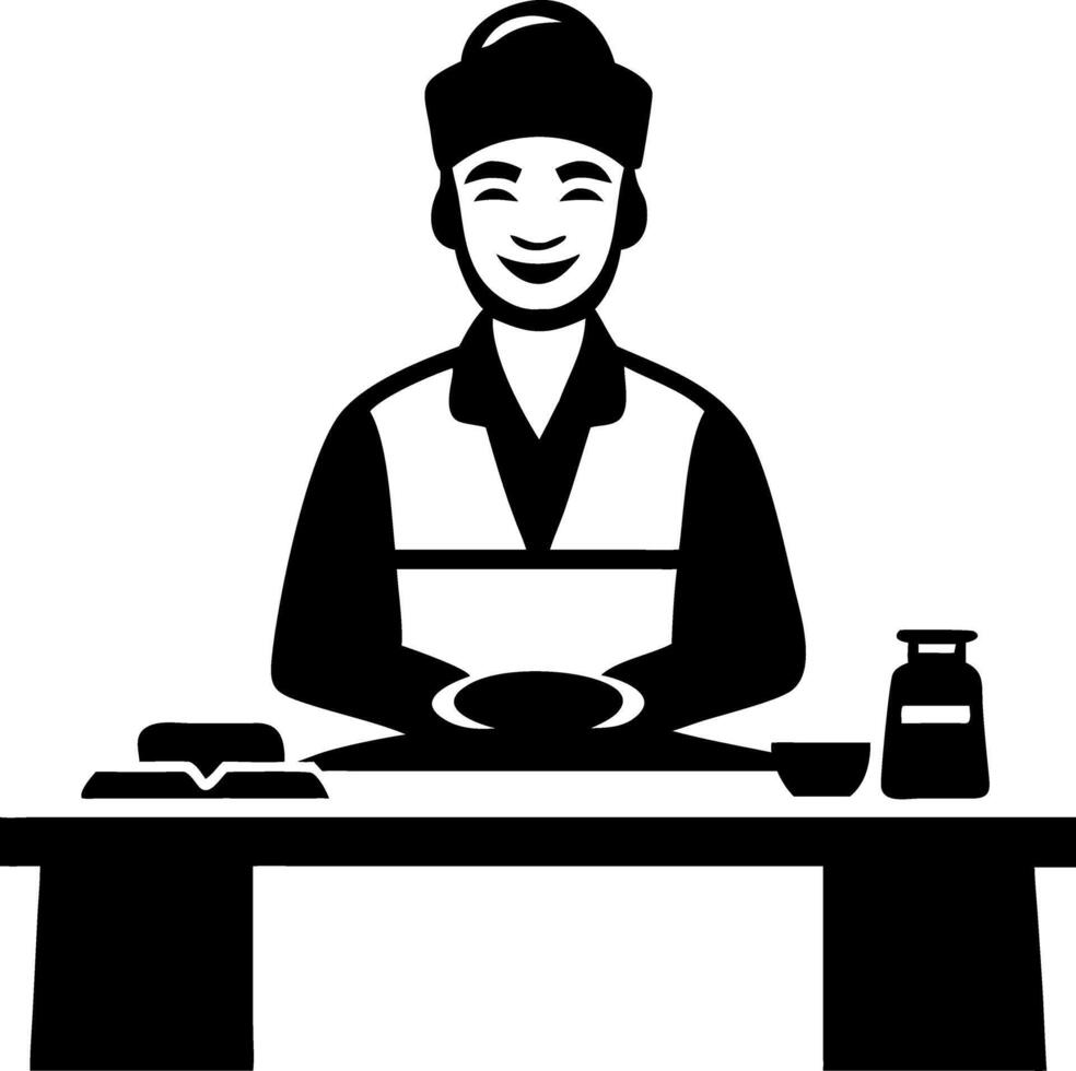 Smiling Chef Preparing Delicious Dishes with Ingredients and Tools in Culinary Kitchen Setting vector