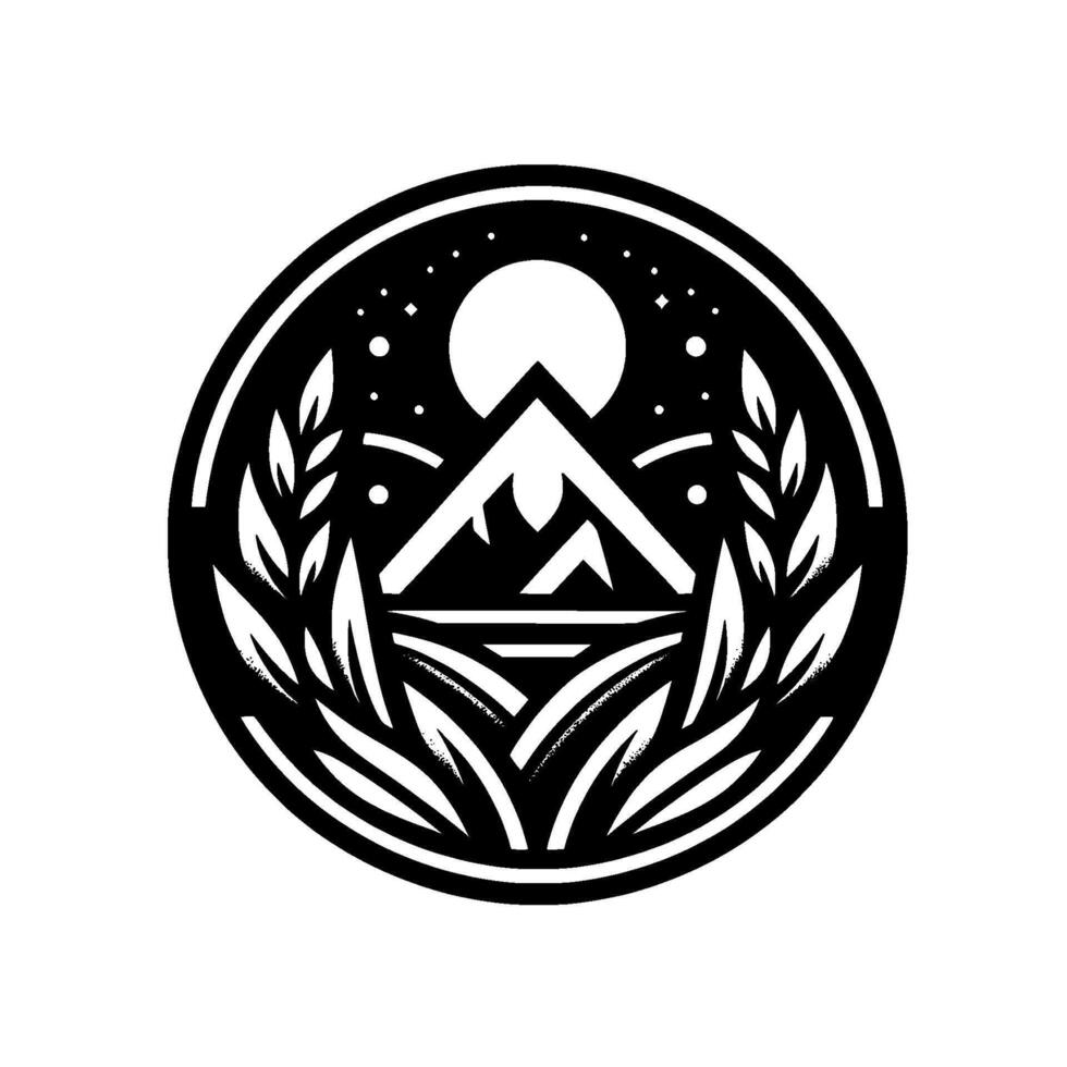 Abstract Monochrome Landscape Mountain, Moon, and Field Composition Within a Circular Frame, Decorative and Symbolic. vector