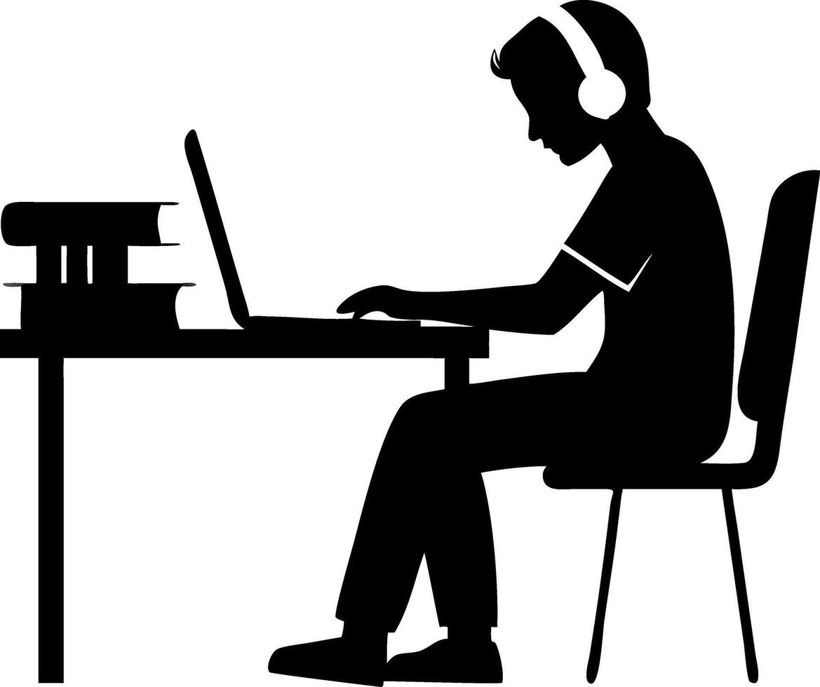 Student Studying Silhouette with Laptop and Headphones for Educational Design Projects vector