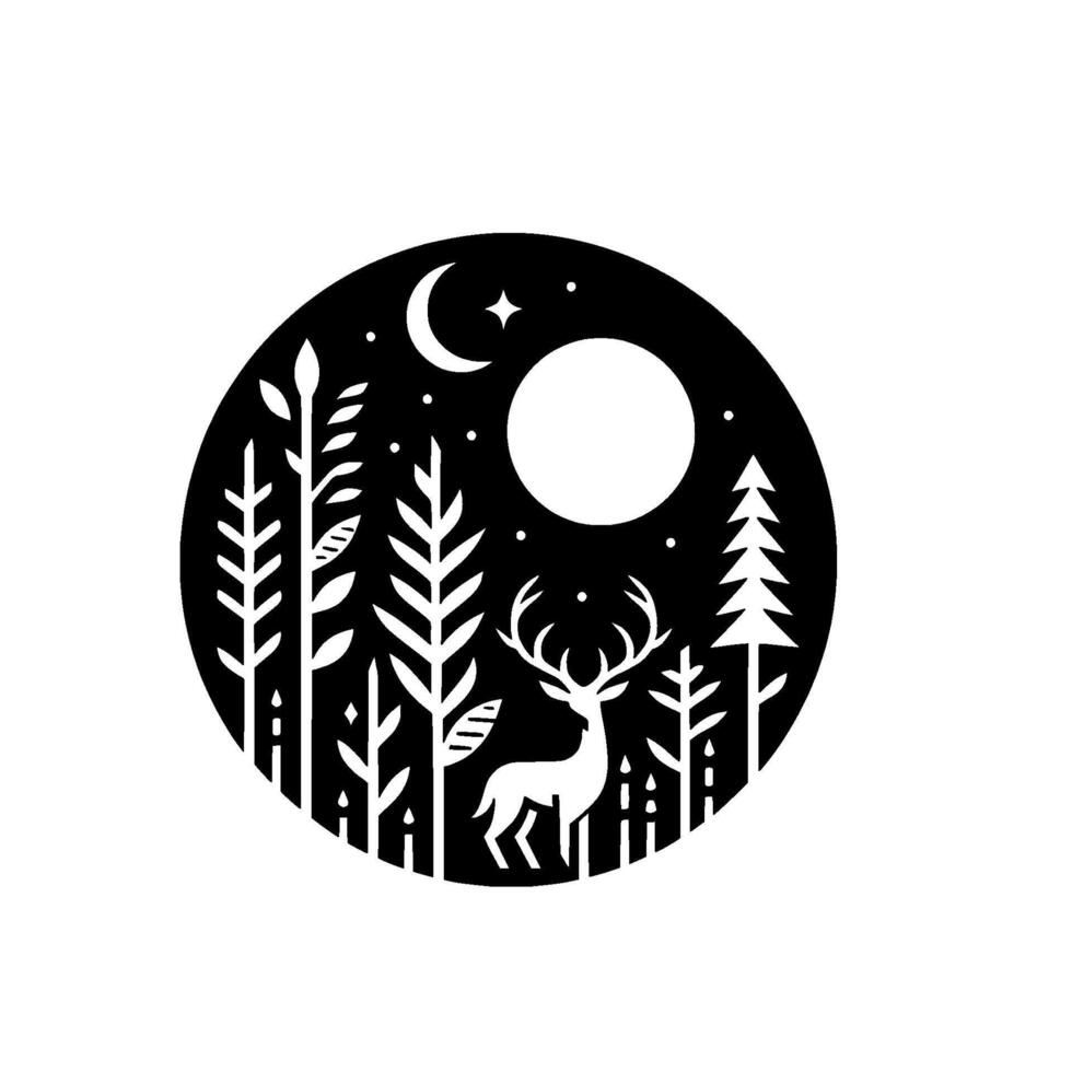 Minimalist Black White Circle Scene Stag Amidst Forest Silhouette Under Moon Starry Night Sky vector