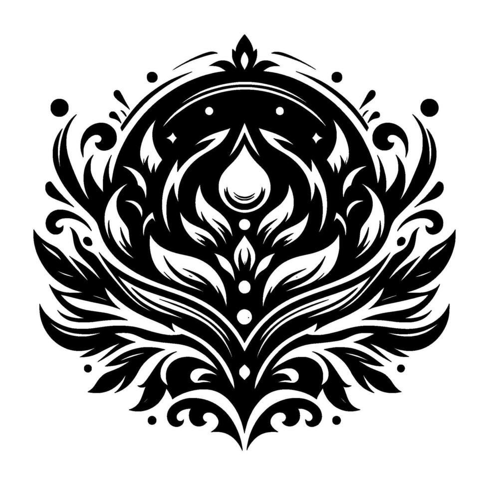 Intricate Black and White Floral Mandala Featuring Symmetry, Leafy Elements, Droplet, and Decorative Details on White Background. vector