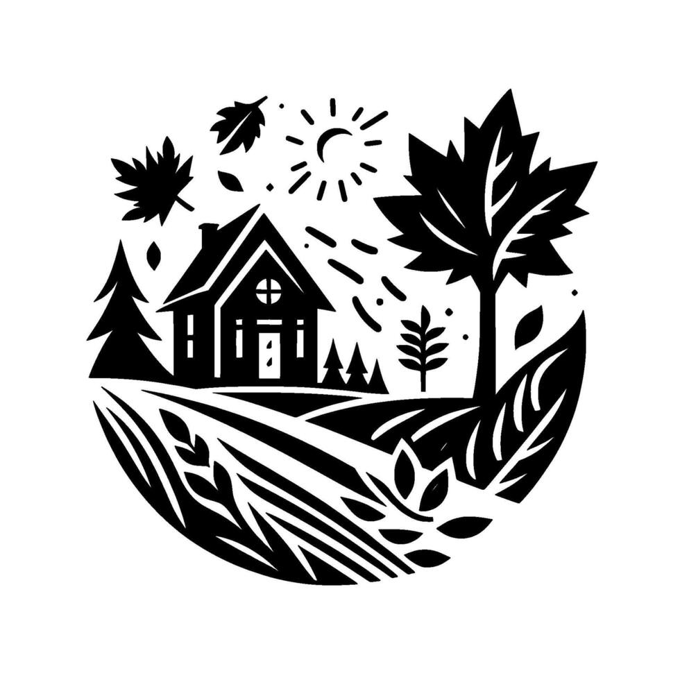 Black White Illustration of a Cozy Home in a Circular Landscape with Trees, Sun, and Autumnal Elements. vector