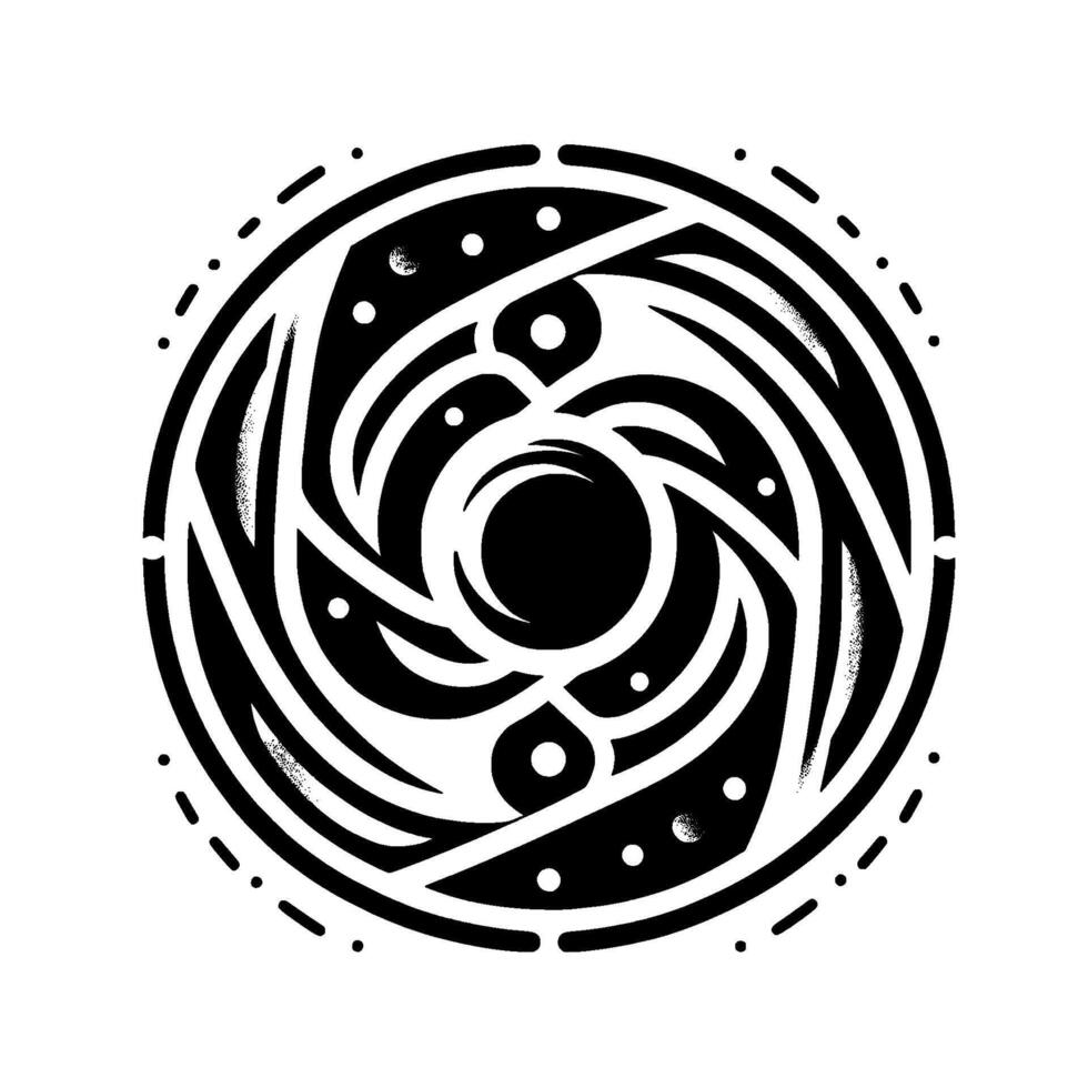 Concentric circular mandala in black and white, composed of swirling lines, dotted accents, and repeating geometric forms, suggesting symmetry. vector