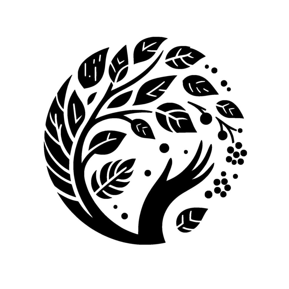 Black and White Circular Illustration Tree and Hand , Leaves, Berries, and NatureInspired Symbolism. vector
