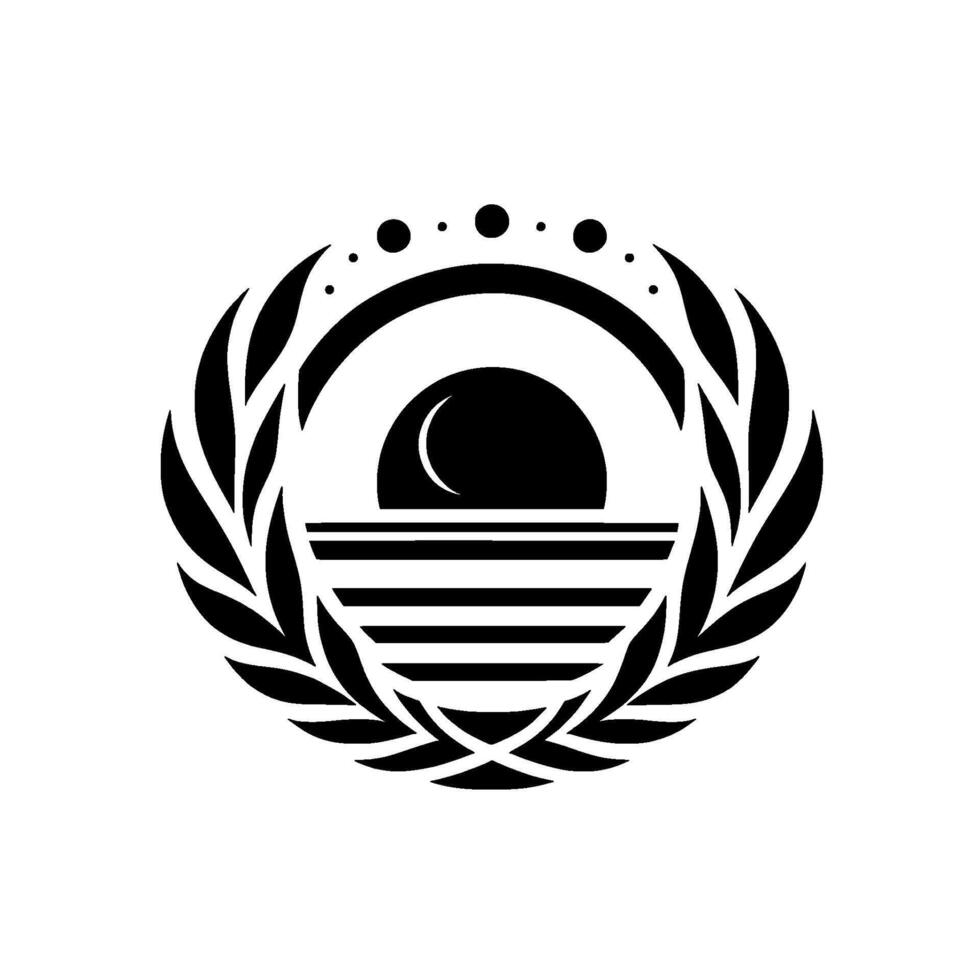 A stylized black and white featuring a circular with a sunlike element, horizontal lines, and a laurel wreath border. vector