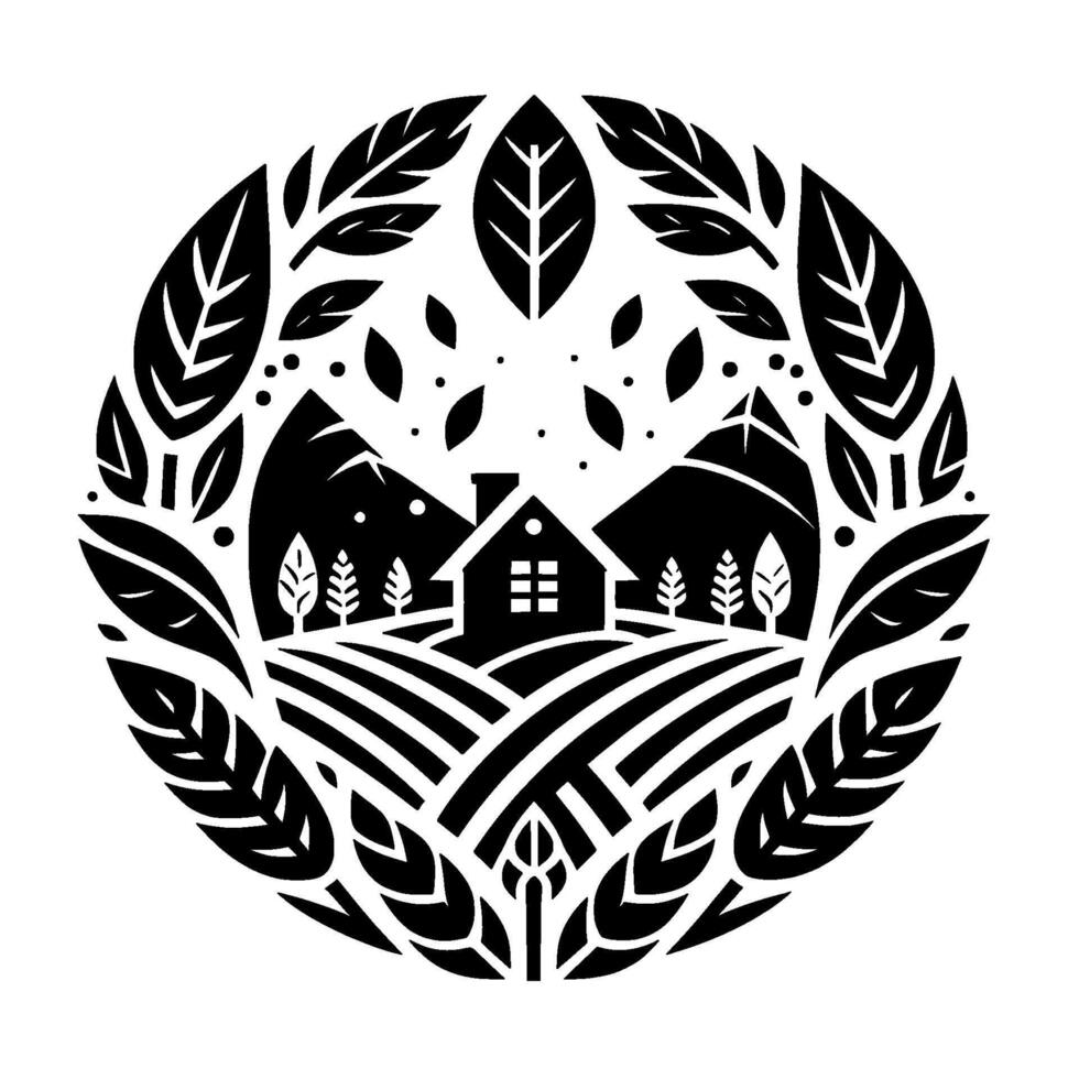Stylized Black and White Circle Farmhouse, Mountains, Leaves, and Landscape in a Decorative Emblem. vector