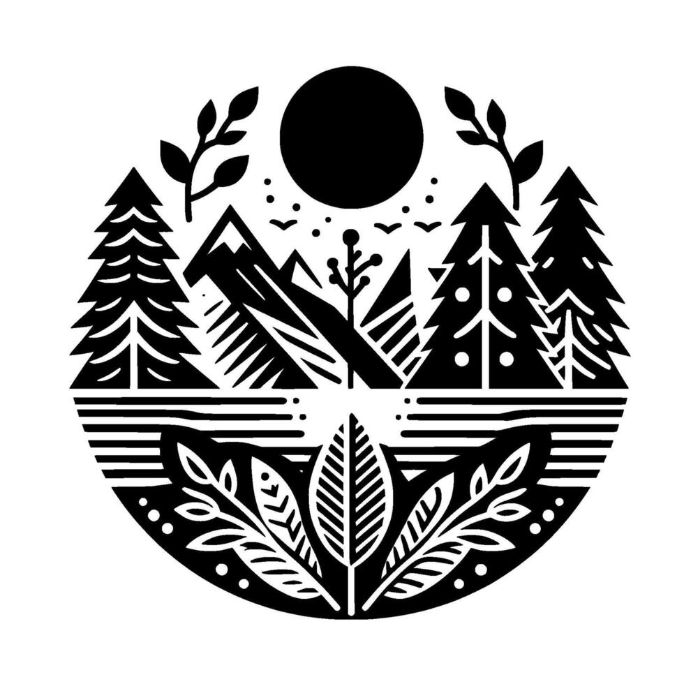 A circular monochrome illustration depicting a stylized mountain landscape with forests, a lake, foliage, a sun, and a vibrant symmetrical . vector