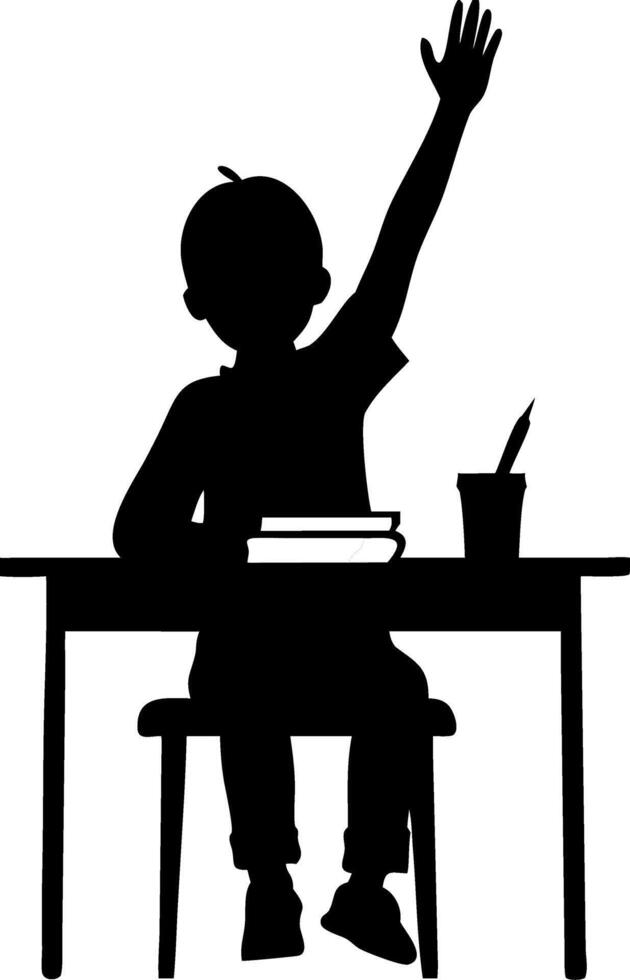 Inquisitive Schoolboy Raising Hand at Desk with Books and Pen for Educational Themes vector