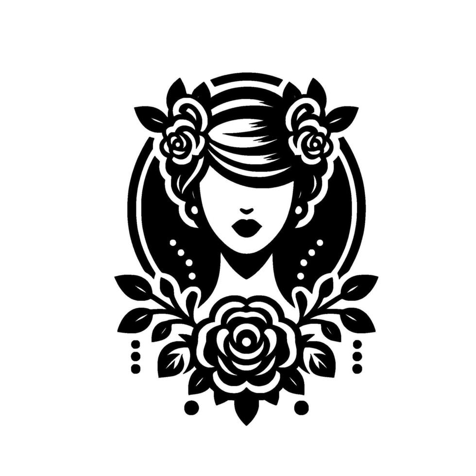 Elegant Floral Portrait A Stylized Black and White Illustration of a Woman Adorned with Roses and Leaves Within a Circular Frame. vector
