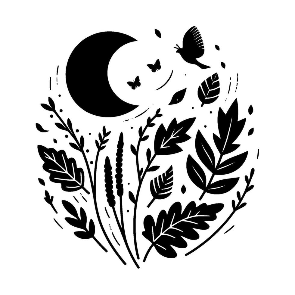 Celestial Black and White Illustration Crescent moon, nature elements, bird, butterflies, leaves, and plants in a circular composition. vector