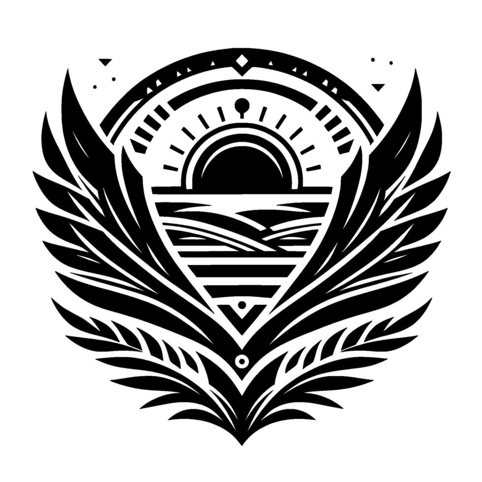Stylized, black and white illustration featuring a sunrise over a stylized landscape, with winglike shapes framing the central . vector