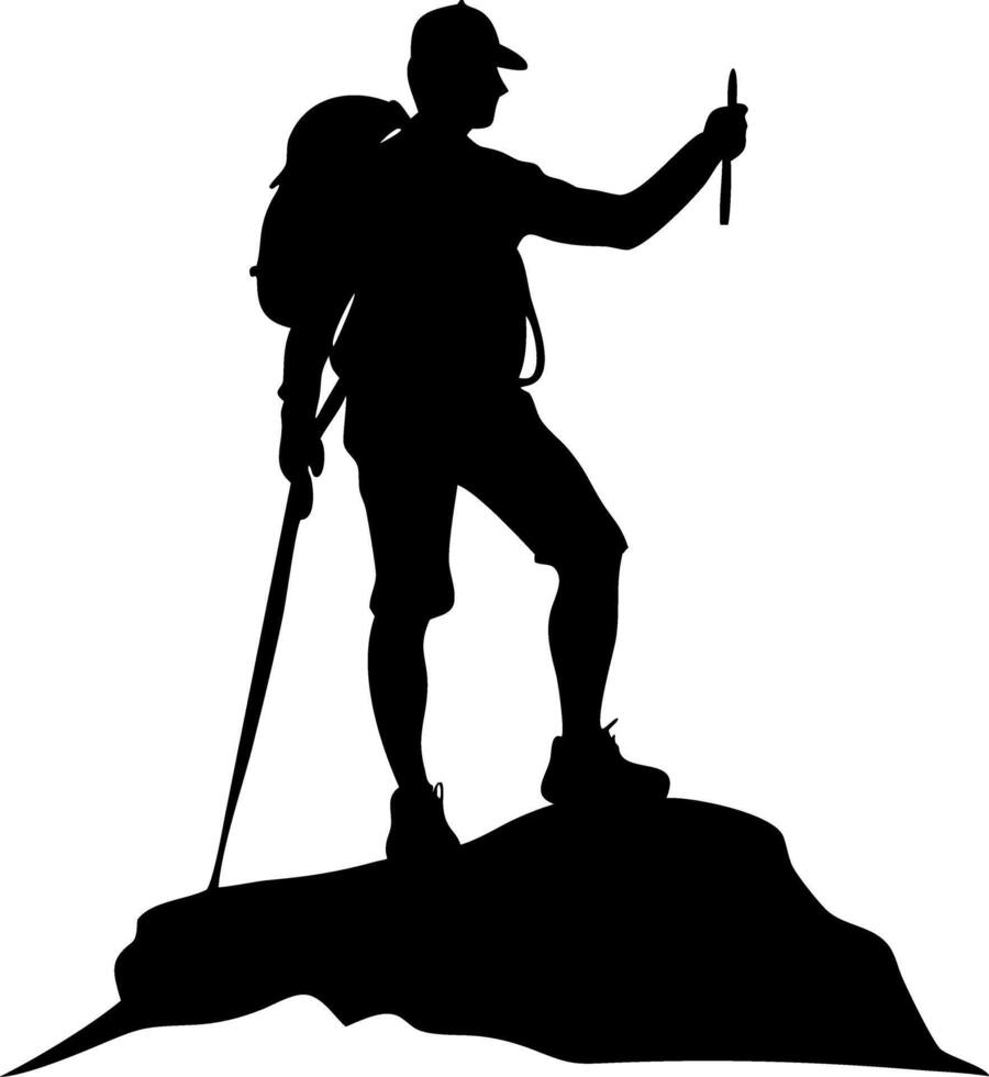 Outdoor Adventurer Silhouette Exploring Nature on Mountain Peak with Hiking Gear vector