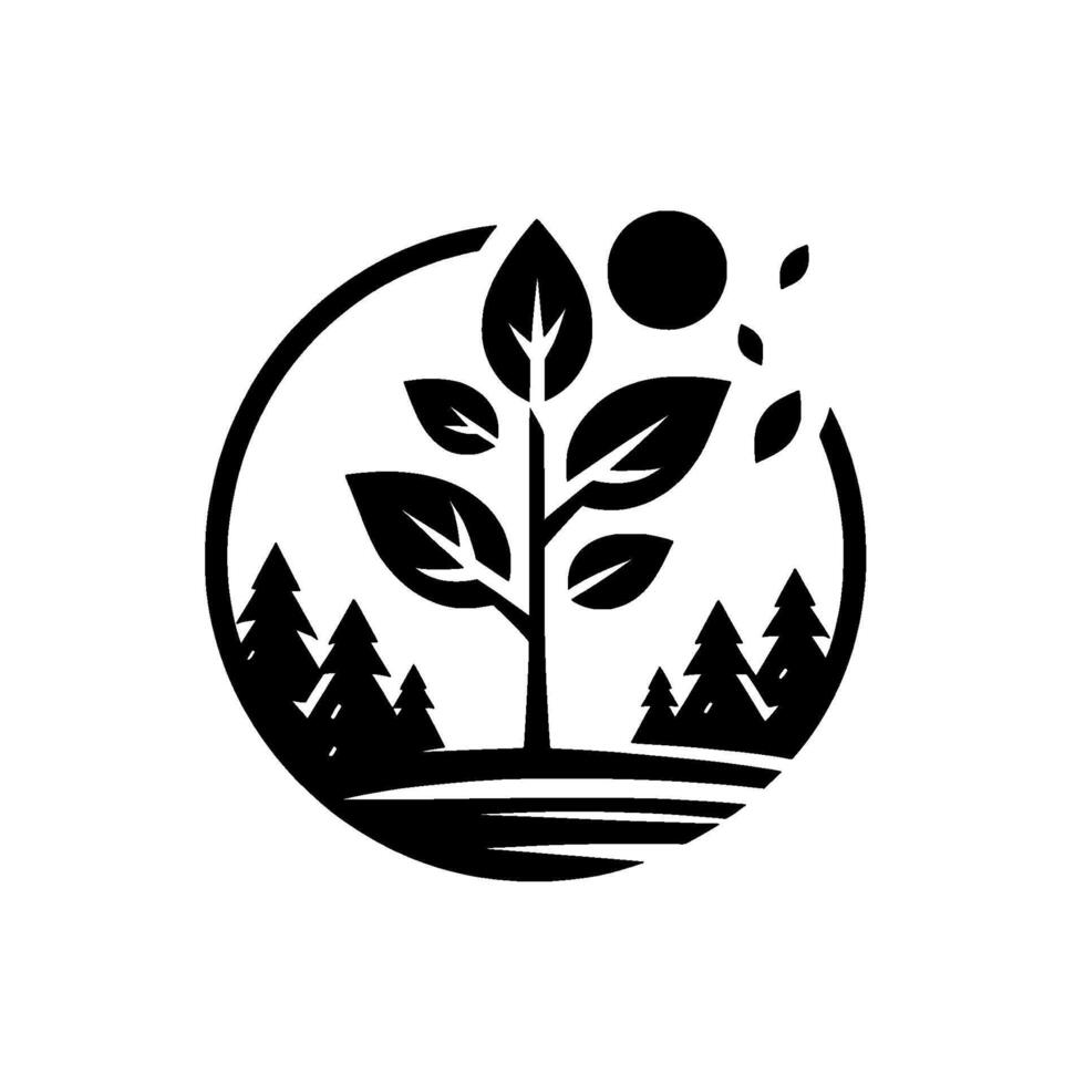 Black and white minimalist circular featuring a central tree, forest, sun, and leaves, embodying natures tranquility. vector