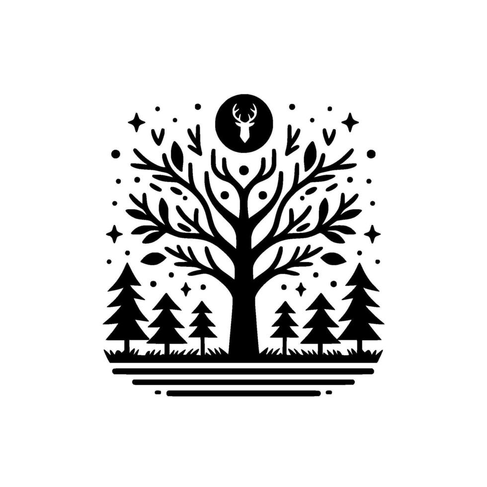 Symbolic Black and White Illustration of a Forest A Majestic Tree with Deer Emblem, Pine Trees, and Celestial Accents. vector
