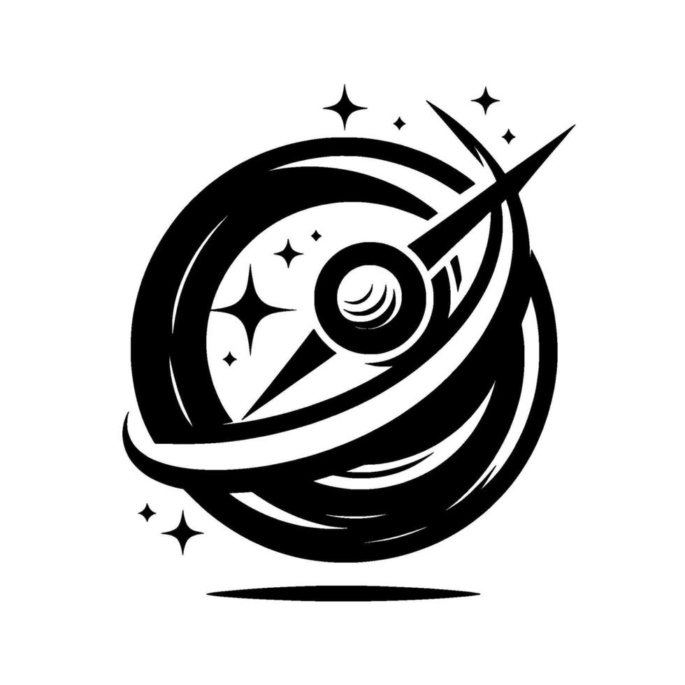 Modern abstract black and white depicting a stylized planet with a starburst comet and orbiting rings with star accents. vector
