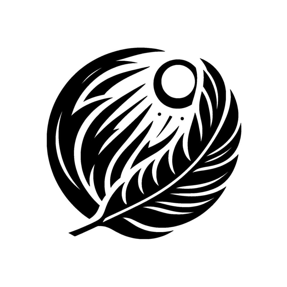 Intricate black and white feather and eye emblem , presented in a circular composition with a minimalist aesthetic. vector