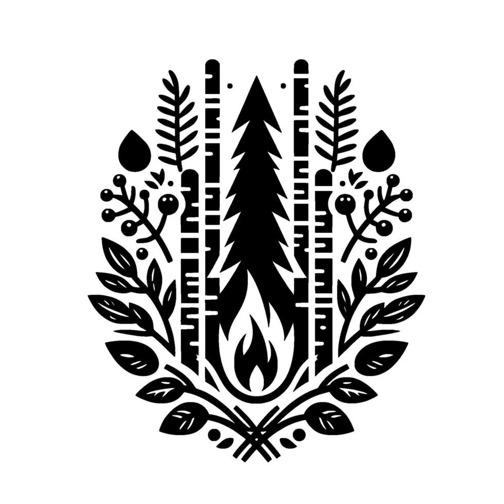 A stylized monochrome illustration depicts a woodland scene encircled by foliage and berries, featuring a central campfire, fir tree, and birch trees. vector