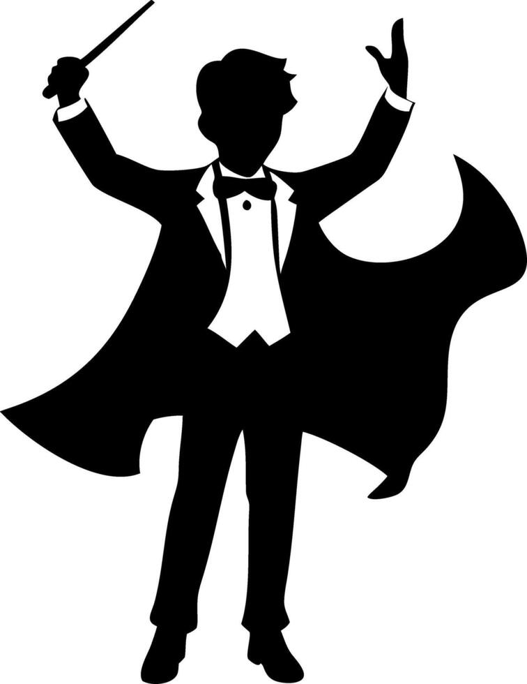 Elegant Silhouette of a Young Magician Performing with Wand and Cloak for Event Designs vector