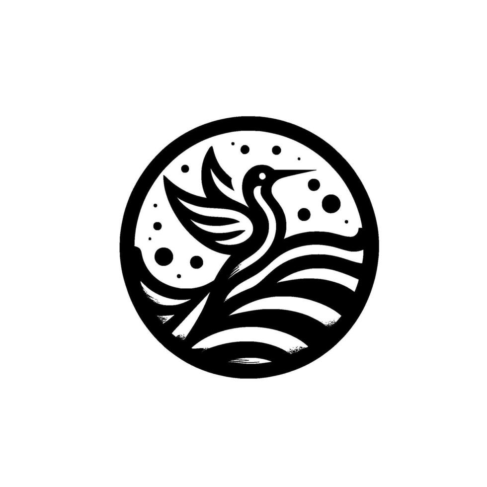 Stylized Black White Heron Silhouette in a Circular , Featuring Water and Bubbles, Clean and Modern Aesthetic. vector