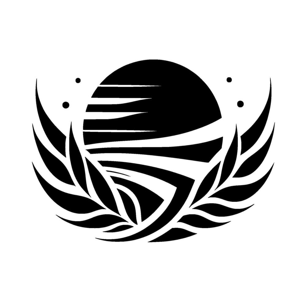 Monochrome Emblem Black and White Featuring a stylized sun, landscape with leaves, and dots on a white background. vector