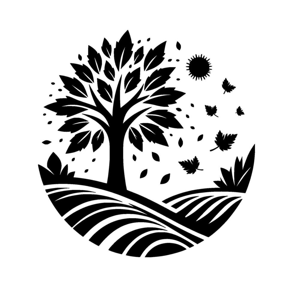 Stylized Black White Circular Composition A Tree, Sun, and Blowing Leaves in an Autumnal Landscape Silhouette. vector