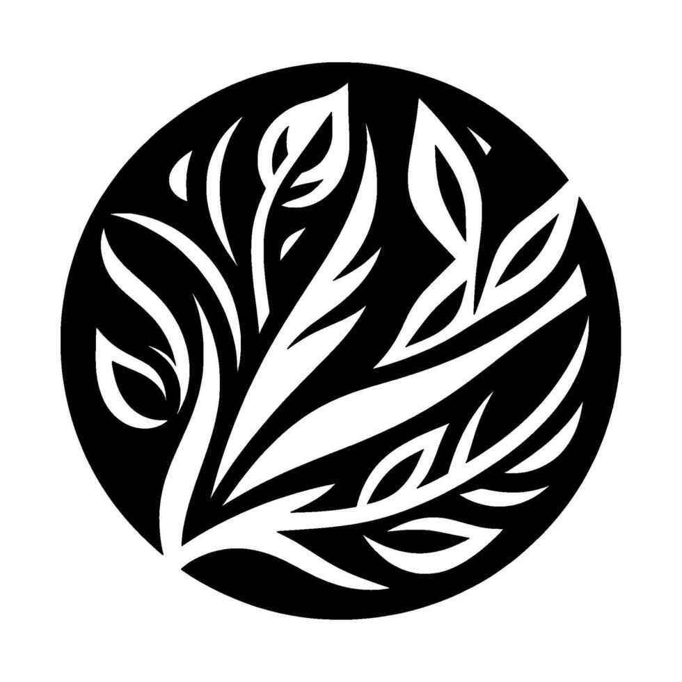 Abstract black and white circular of stylized plantlike forms with detailed leaves and curves within a solid circle. vector
