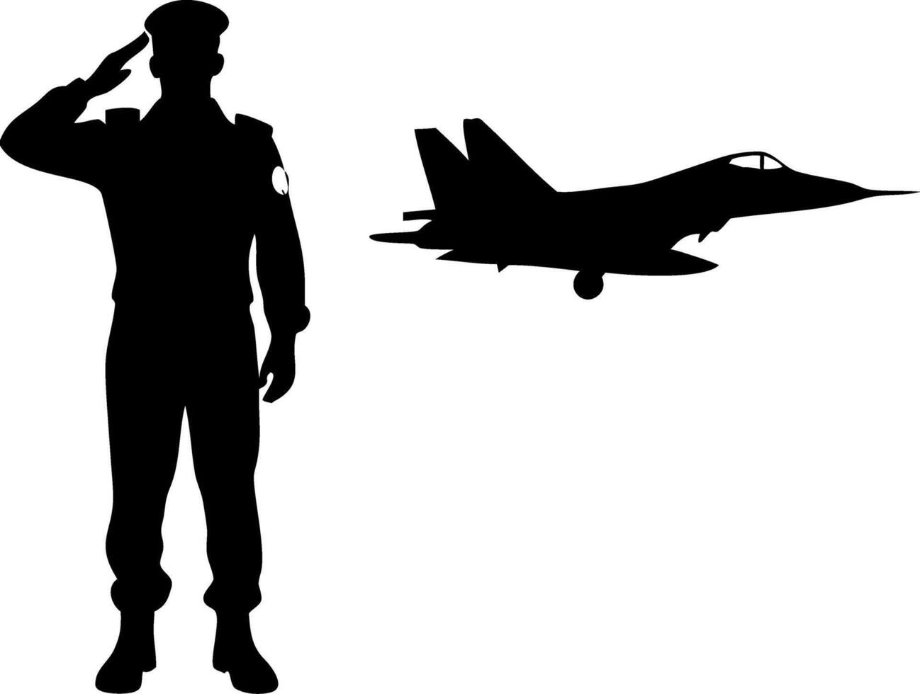 Military Soldier Saluting Next to Fighter Jet Emblem for Patriotic Designs and Decorations vector