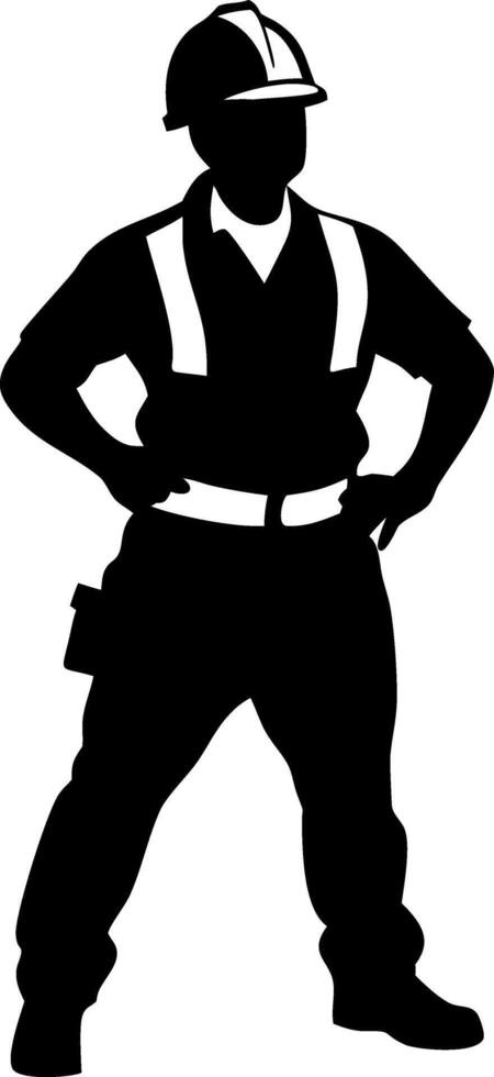 Confident Construction Worker Silhouette Standing with Hands on Hips in Safety Gear for Design vector