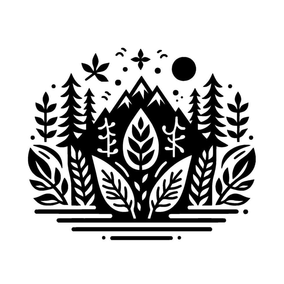 A stylized black and white illustration of a mountain landscape with forests, leaves, and sun, evoking nature and simplicity. vector