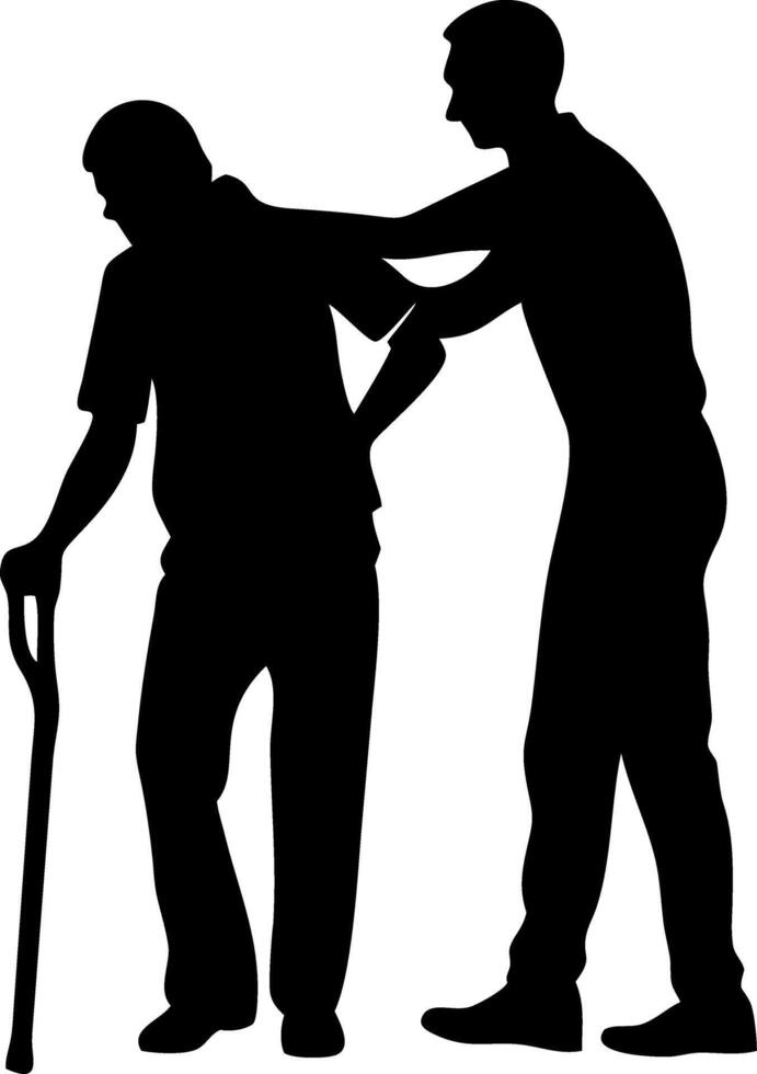 Caregiver Assisting Elderly Person with Walker Silhouette for Health and Wellness Designs vector