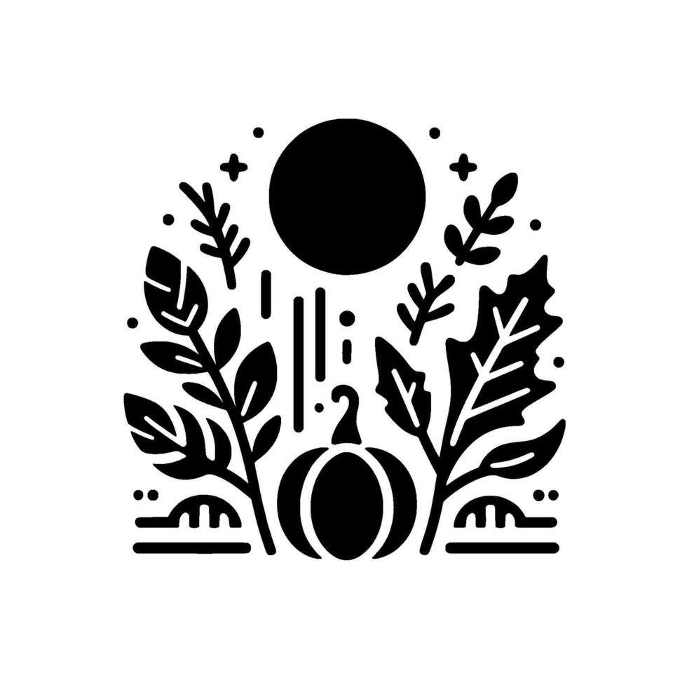 Minimalist Black and White Fall Illustration with Pumpkin, Foliage, and a Full Moon vector