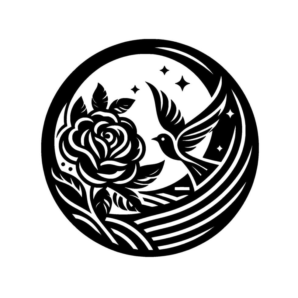 Black and white circular of a rose and dove, accented with stars, evoking nature and peace, with cutout detail. vector