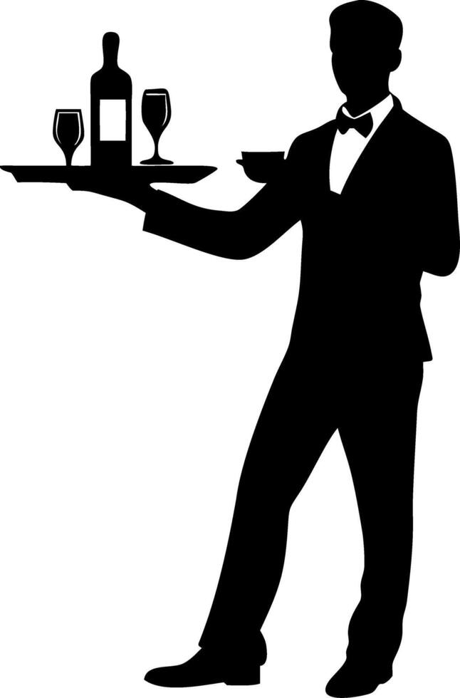 Elegant Waiter Holding Tray with Glasses and Bottle Silhouette for Event Design and Branding vector