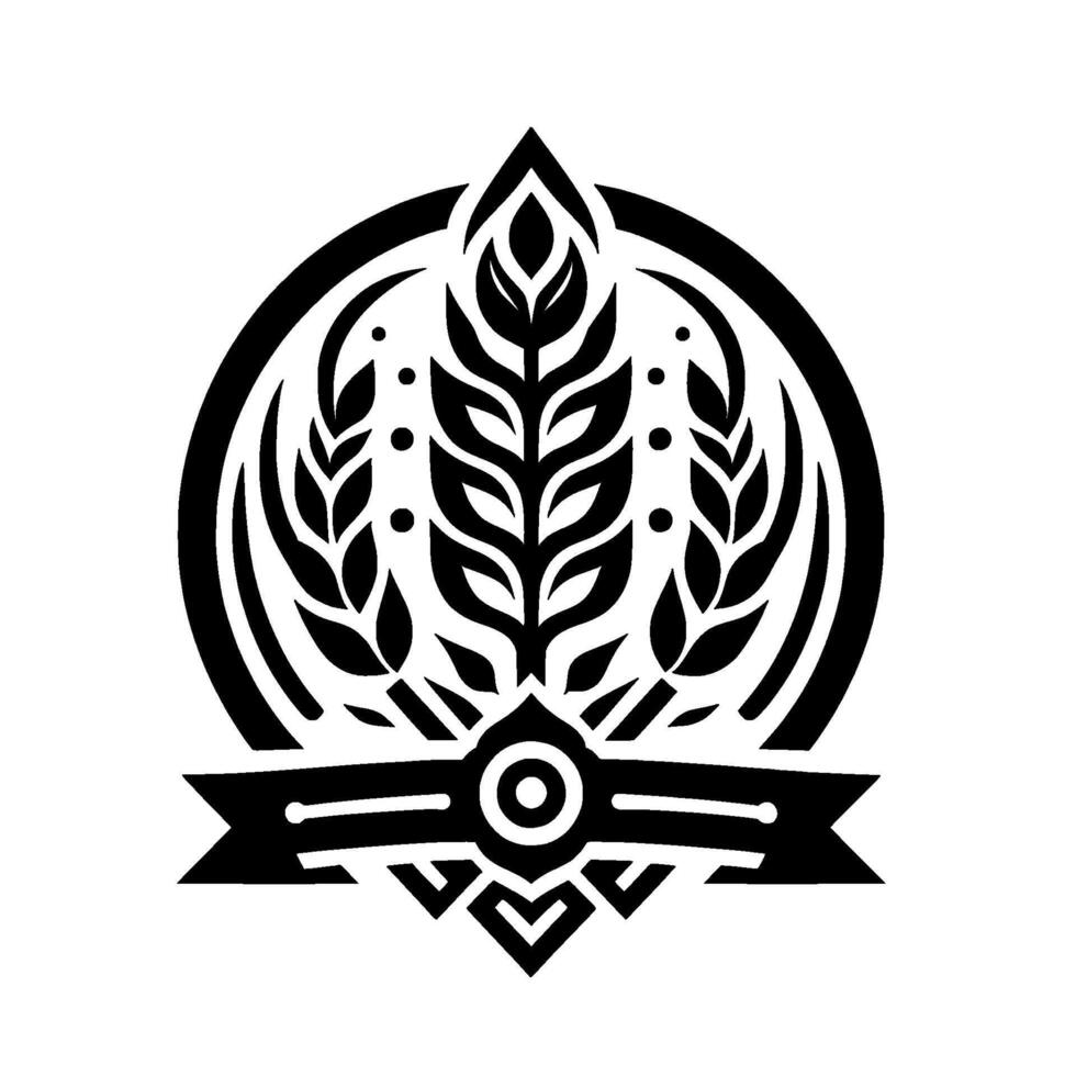 Stylized wheat emblem in black and white with symmetrical arrangement of leaves, dots and a banner, enclosed in a circle, symbolic of abundance and harvest. vector