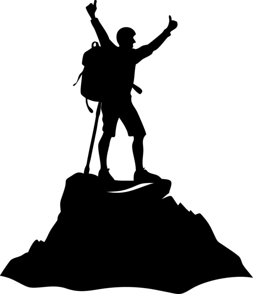 Triumphant Hiker Silhouette on Mountain Peak Celebrating Adventure and Achievement vector