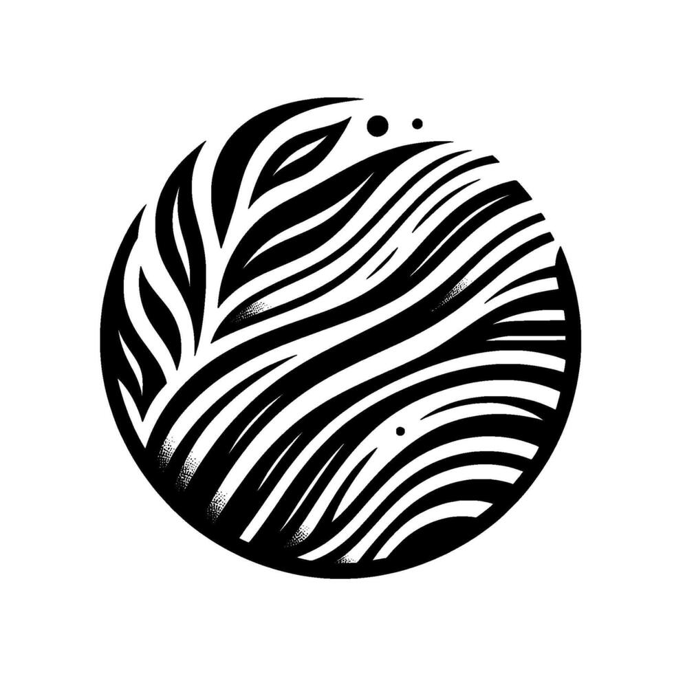 Intricate black and white circular featuring organic leaflike and striped textures, minimalist and modern illustration. vector
